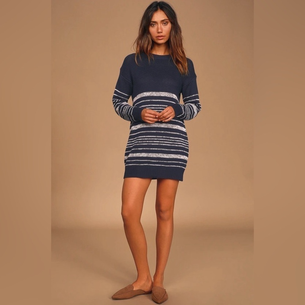 LULUs New Seasons Blue and White Striped Sweater Dress XL